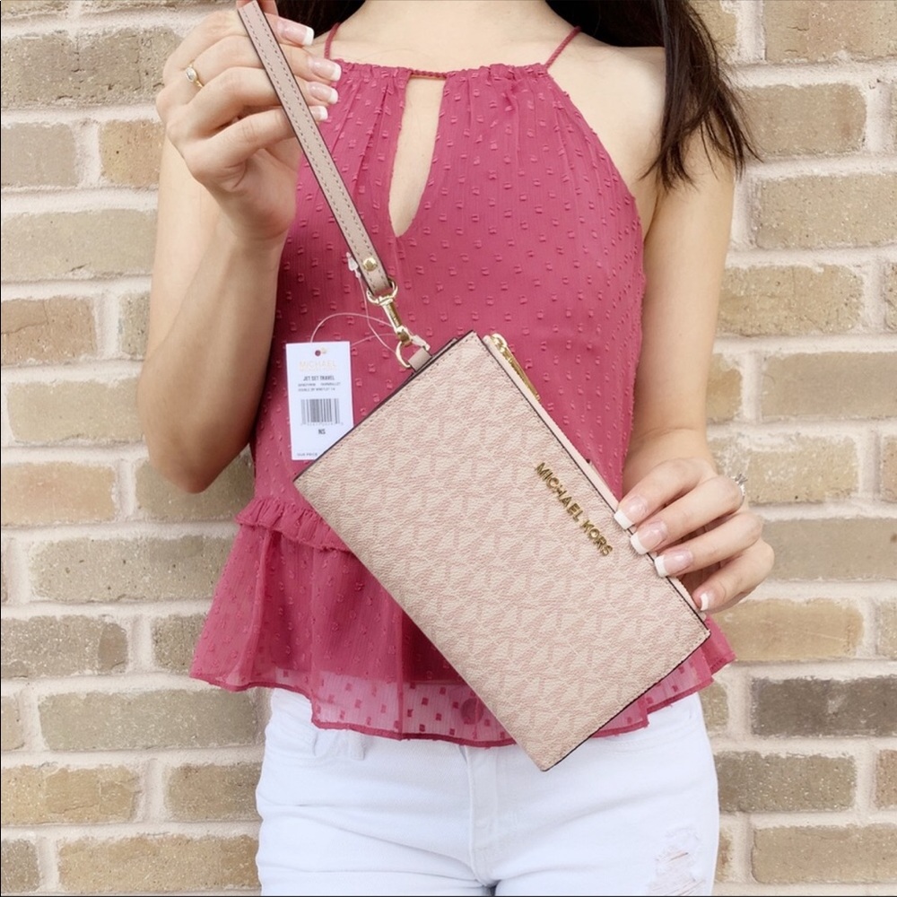 NWT Michael Kors Large Double Zip Wristlet Pink - Picture 2 of 5